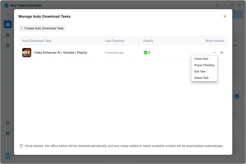 more actions for managing the auto download tasks