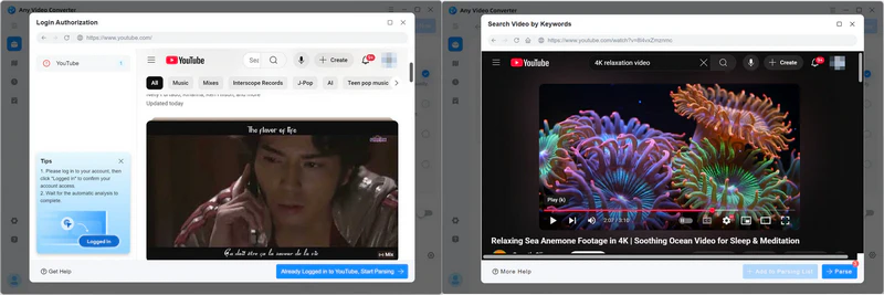 log in and parse youtube video